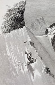 "Při pokusu o překonání zatáčky jsem uklouzl a spadl" z knihy "The Ascent of the Matterhorn" od Edwarda Whympera, vydané v 60.-80. letech 19. století.